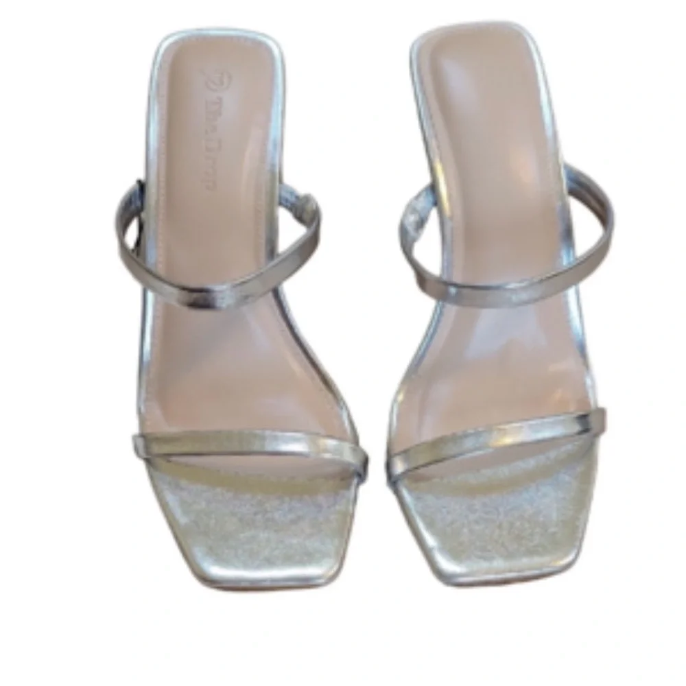 The Drop Avery Silver Strappy Square Toe to Strap High Heeled Sandals - Picture 5 of 5
